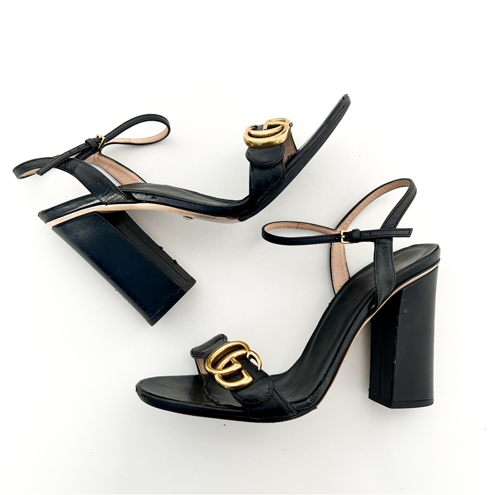Gucci Marmont GG Logo High Block Heel Ankle Strap Sandals Black Leather EU 39.5 - Picture 5 of 10